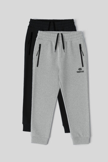 Standart Fit Basic 2'li Paket Siyah-Gri Melanj Erkek Çocuk Eşofman Alt - 64042 