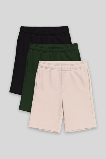 Standart Fit Basic 3'lü Paket Siyah-Çam Yeşili-Bej Erkek Çocuk Şort - 11293 