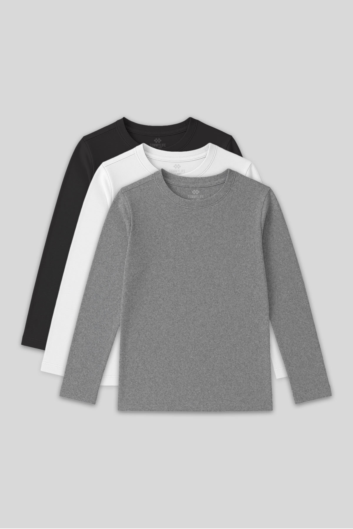 Standart Fit Basic O Yaka 3'lü Paket Gri Melanj-Antrasit-Beyaz Unisex Çocuk T-Shirt - 11329 - TOMMYLIFE