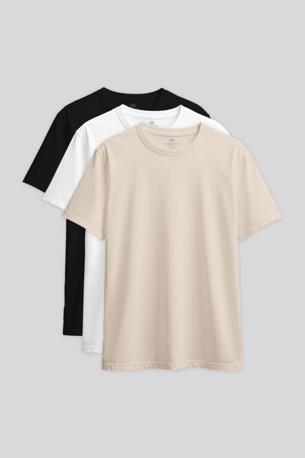 Standart Fit Basic O Yaka 3'lü Paket Siyah-Beyaz-Bej Kadın T-Shirt - 97311 - 1