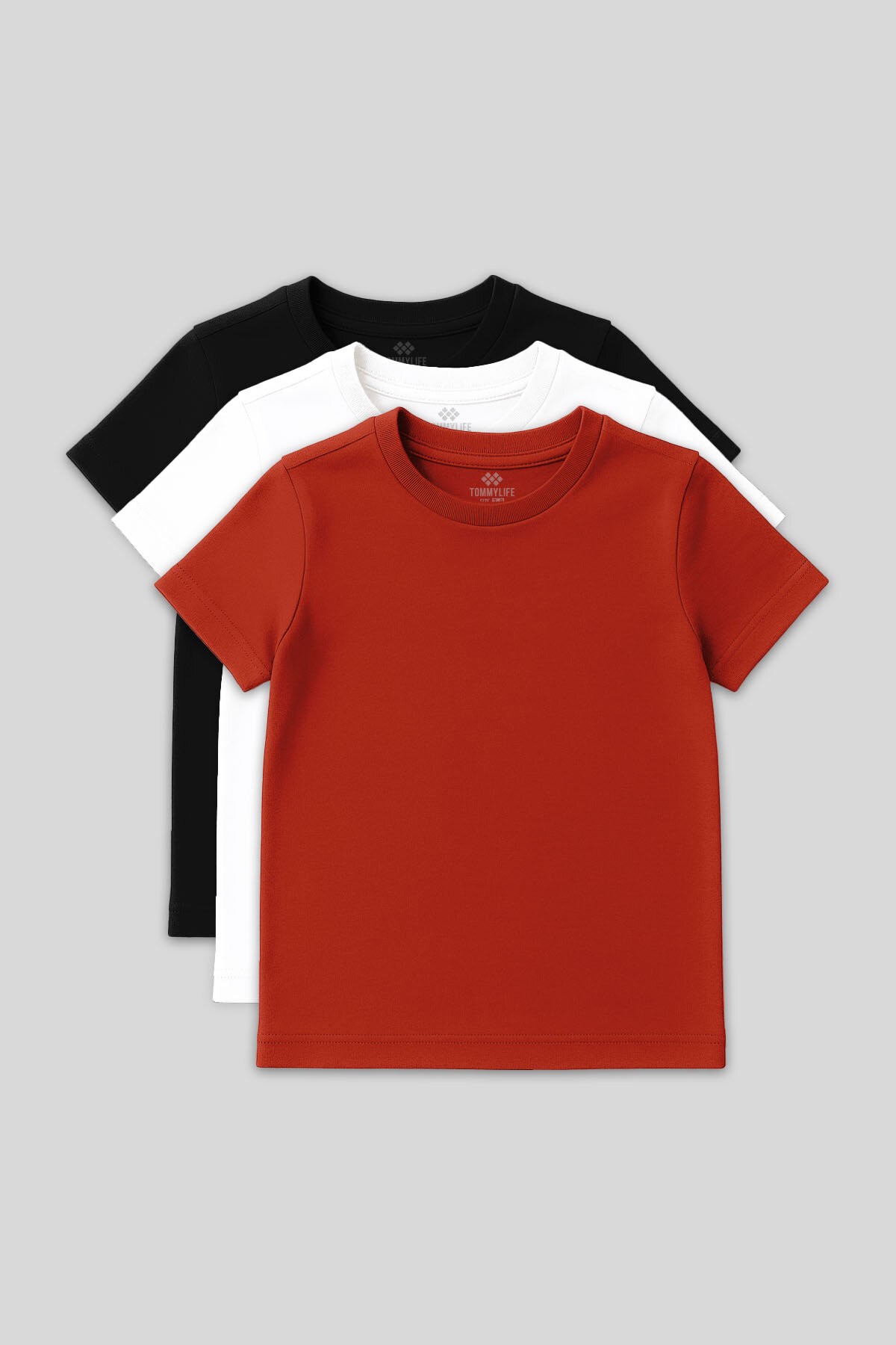 Standart Fit Basic O Yaka 3'lü Paket Siyah-Beyaz-Fiesta Unisex Çocuk T-Shirt - 11328 - TOMMYLIFE