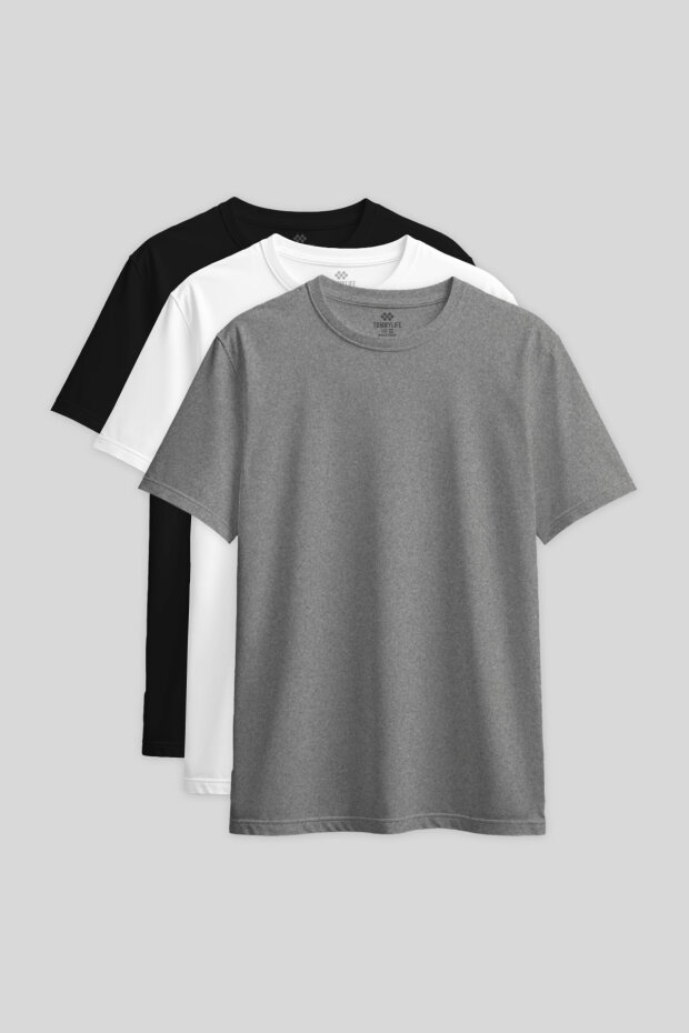 Standart Fit Basic O Yaka 3'lü Paket Siyah-Beyaz-Gri Melanj Kadın T-Shirt - 97311 - 1
