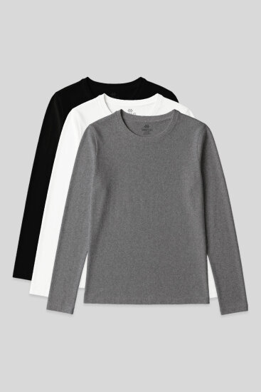 Standart Fit Basic O Yaka 3'lü Paket Siyah-Beyaz-Gri Melanj Kadın T-Shirt - 97312 