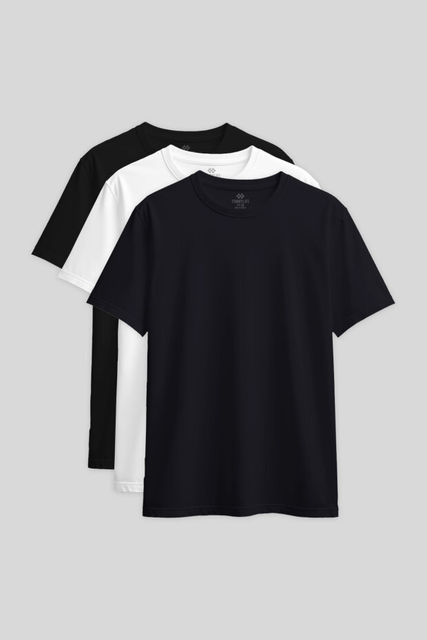 Standart Fit Basic O Yaka 3'lü Paket Siyah-Beyaz-Lacivert Kadın T-Shirt - 97311 - 1