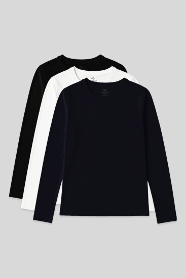 Standart Fit Basic O Yaka 3'lü Paket Siyah-Beyaz-Lacivert Kadın T-Shirt - 97312 