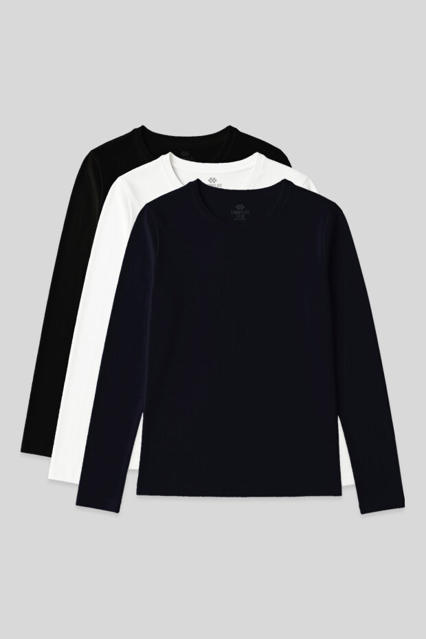 Standart Fit Basic O Yaka 3'lü Paket Siyah-Beyaz-Lacivert Kadın T-Shirt - 97312 - 1