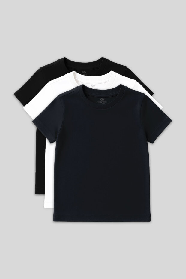 Standart Fit Basic O Yaka 3'lü Paket Siyah-Beyaz-Lacivert Unisex Çocuk T-Shirt - 11328 - 1
