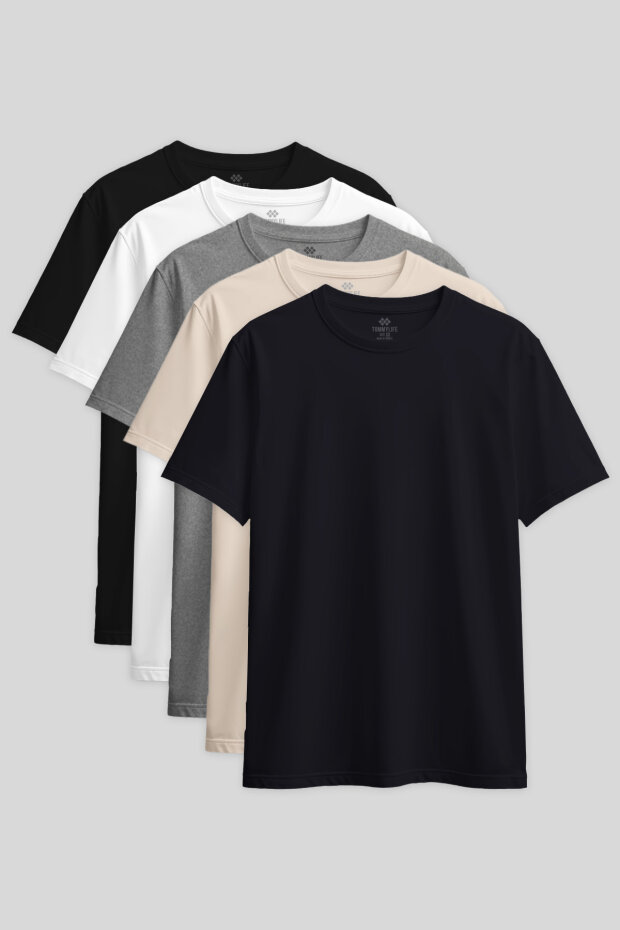 Standart Fit Basic O Yaka 5'li Paket Kadın T-Shirt - 97311 - 1