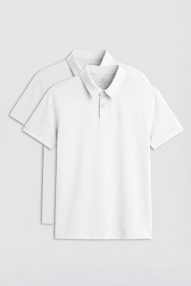 Standart Fit Basic Polo Yaka 2'li Paket Beyaz Erkek T-Shirt - 87768 - 1