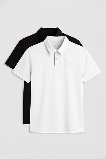 Standart Fit Basic Polo Yaka 2'li Paket Siyah-Beyaz Erkek T-Shirt - 87748 