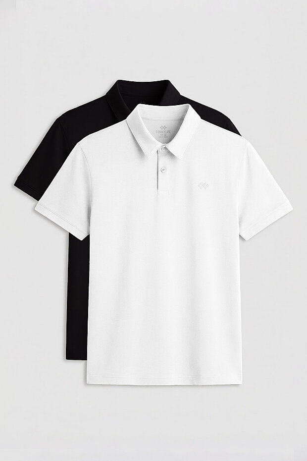 Standart Fit Basic Polo Yaka 2'li Paket Siyah-Beyaz Erkek T-Shirt - 87748 - 1