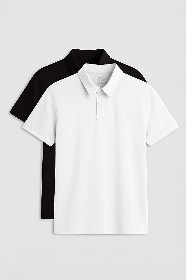 Standart Fit Basic Polo Yaka 2'li Paket Siyah-Beyaz Erkek T-Shirt - 87768 - 1