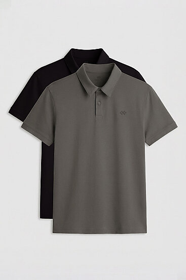 Standart Fit Basic Polo Yaka 2'li Paket Siyah-Çağla Erkek T-Shirt - 87748 