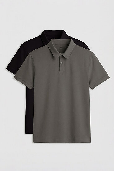 Standart Fit Basic Polo Yaka 2'li Paket Siyah-Çağla Erkek T-Shirt - 87768 