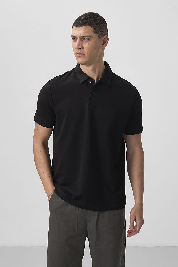 Standart Fit Basic Polo Yaka 2'li Paket Siyah-Çağla Erkek T-Shirt - 87768 - 3