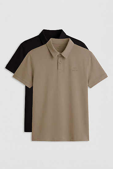 Standart Fit Basic Polo Yaka 2'li Paket Siyah-Koyu Bej Erkek T-Shirt - 87748 