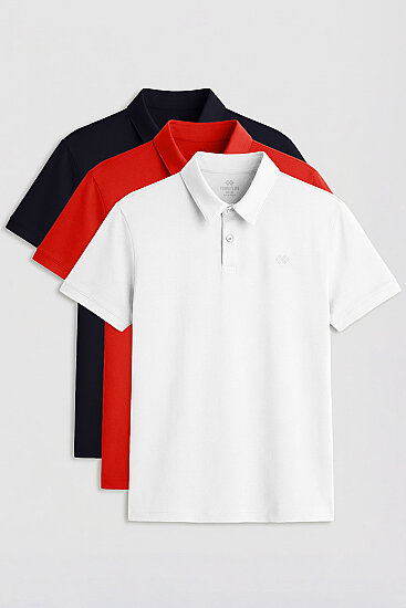 Standart Fit Basic Polo Yaka 3'lü Paket Beyaz-Lacivert-Kırmızı Erkek T-Shirt - 87748 