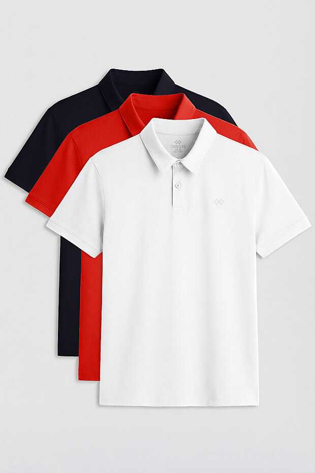 Standart Fit Basic Polo Yaka 3'lü Paket Beyaz-Lacivert-Kırmızı Erkek T-Shirt - 87748 - 1