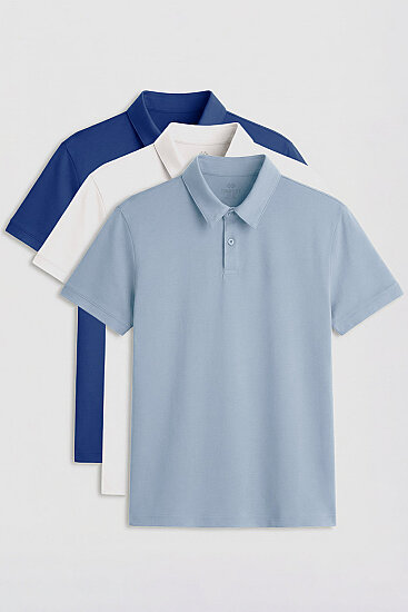 Standart Fit Basic Polo Yaka 3'lü Paket Ekru-Buz Mavi-Parlament Erkek T-Shirt - 87768 