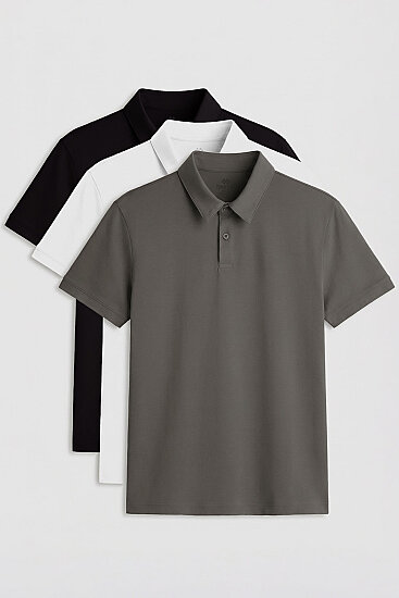 Standart Fit Basic Polo Yaka 3'lü Paket Siyah-Beyaz-Çağla Erkek T-Shirt 87768 