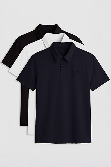Standart Fit Basic Polo Yaka 3'lü Paket Siyah-Beyaz-Lacivert Erkek T-Shirt 87748 