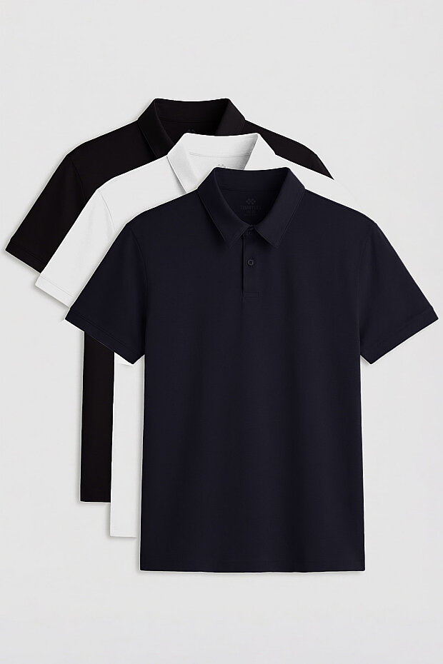 Standart Fit Basic Polo Yaka 3'lü Paket Siyah-Beyaz-Lacivert Erkek T-Shirt 87768 - 1