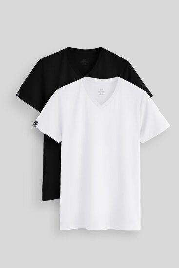 Standart Fit Basic V Yaka 2'li Paket Siyah-Beyaz Erkek T-Shirt - 87912 