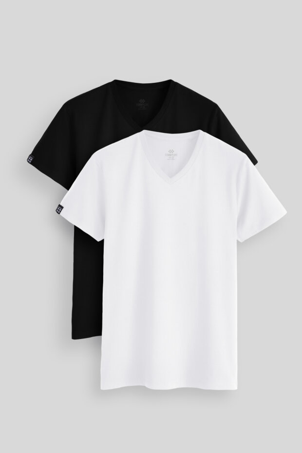 Standart Fit Basic V Yaka 2'li Paket Siyah-Beyaz Erkek T-Shirt - 87912 - 1