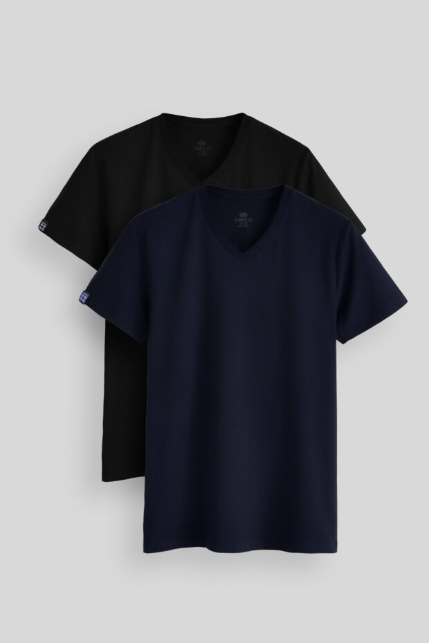 Standart Fit Basic V Yaka 2'li Paket Siyah-Lacivert Erkek T-Shirt - 87912 - 1