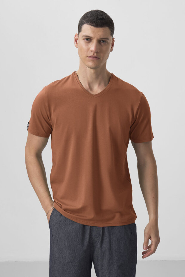 Standart Fit Basic V Yaka 3'lü Paket Taş-Tarçın-Kaktüs Erkek T-Shirt - 87912 - 2