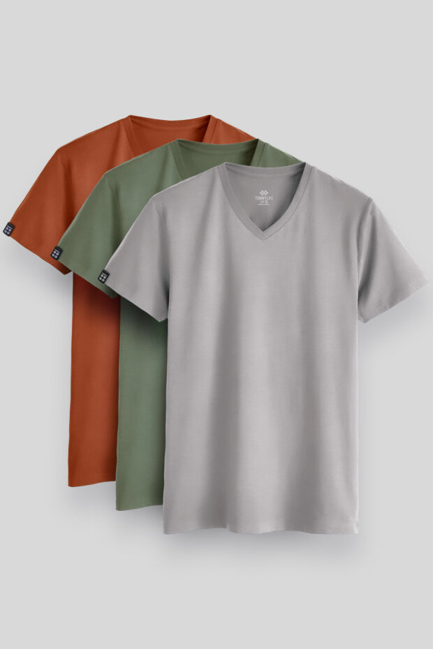 Standart Fit Basic V Yaka 3'lü Paket Taş-Tarçın-Kaktüs Erkek T-Shirt - 87912 - 1