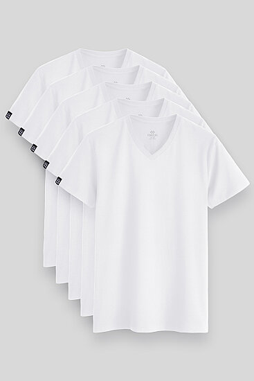 Standart Fit Basic V Yaka 5'li Paket Beyaz Erkek T-Shirt 87912 