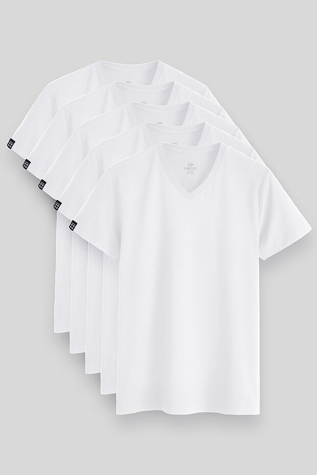 Standart Fit Basic V Yaka 5'li Paket Beyaz Erkek T-Shirt 87912 - 1