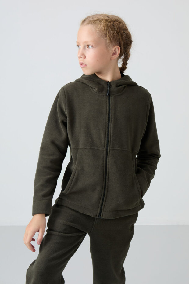 Standart Fit Kapüşonlu 2'li Paket Haki-Koyu Bej Polar Kız Çocuk Sweatshirt - 75152 - 3