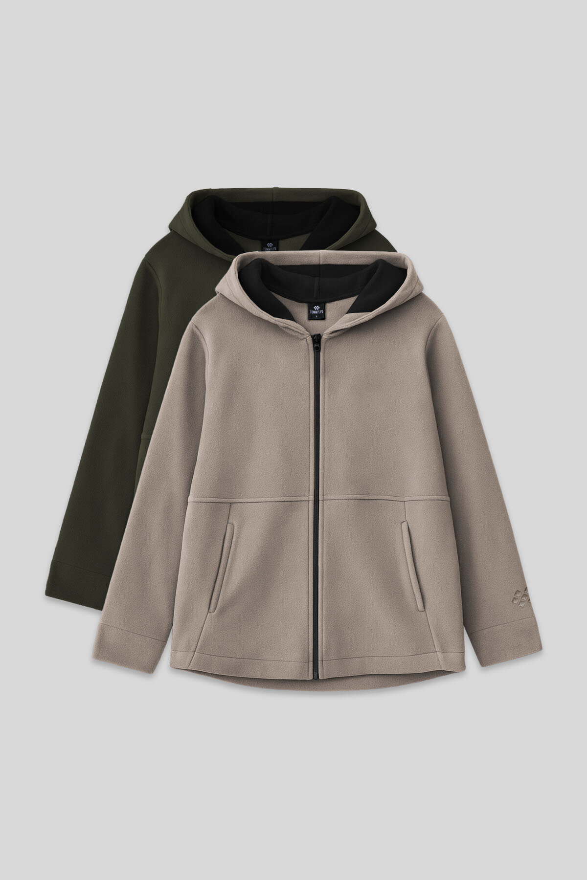 Standart Fit Kapüşonlu 2'li Paket Haki-Koyu Bej Polar Kız Çocuk Sweatshirt - 75152 - TOMMYLIFE