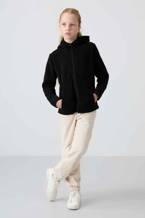 Standart Fit Kapüşonlu 2'li Paket Siyah-Koyu Bej Polar Kız Çocuk Sweatshirt - 75152 - 5