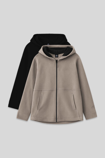 Standart Fit Kapüşonlu 2'li Paket Siyah-Koyu Bej Polar Kız Çocuk Sweatshirt - 75152 