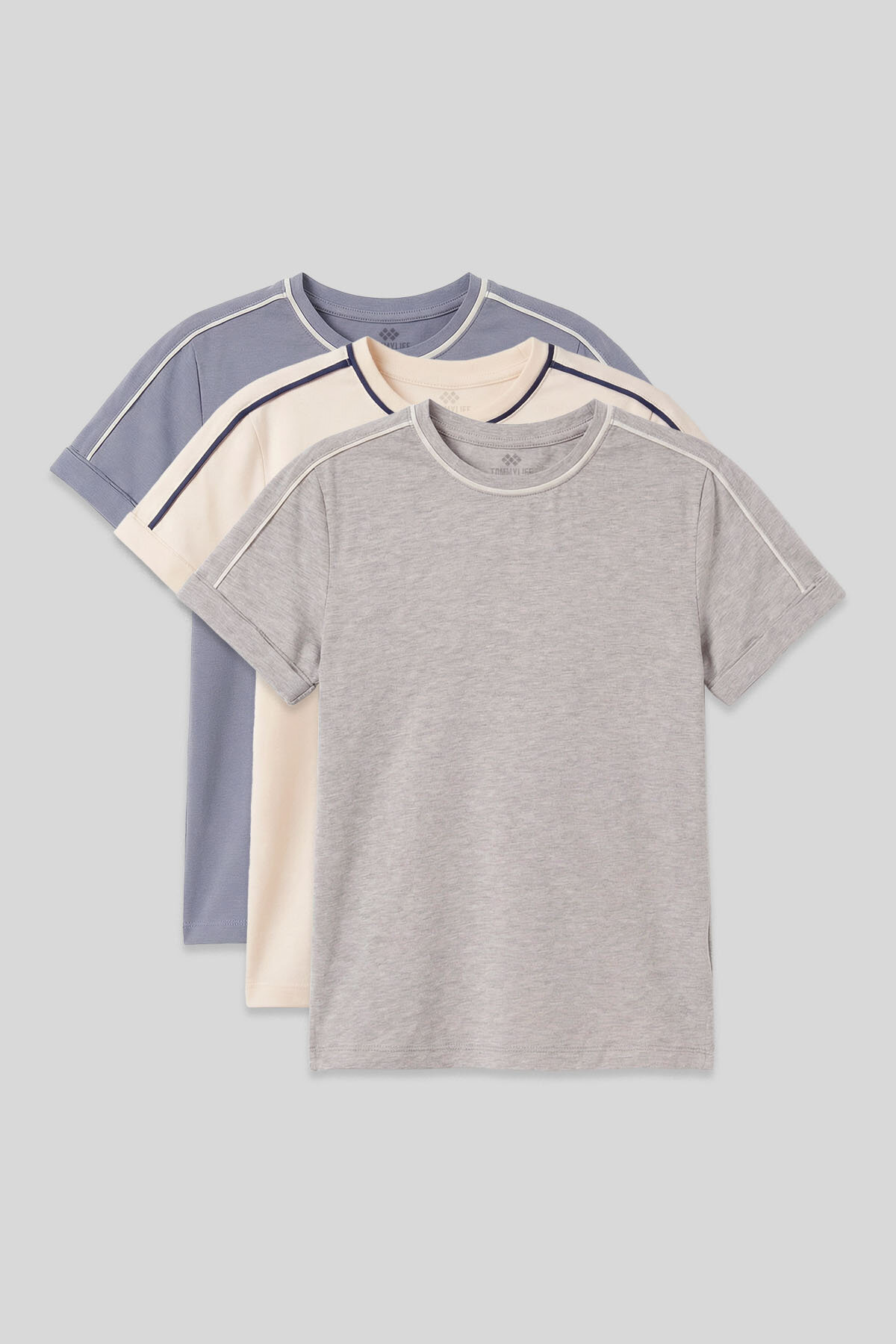 Standart Fit O Yaka 3'lü Paket Koyu Mavi-Ekru-Gri Melanj Kız Çocuk T-Shirt - 75177 - TOMMYLIFE