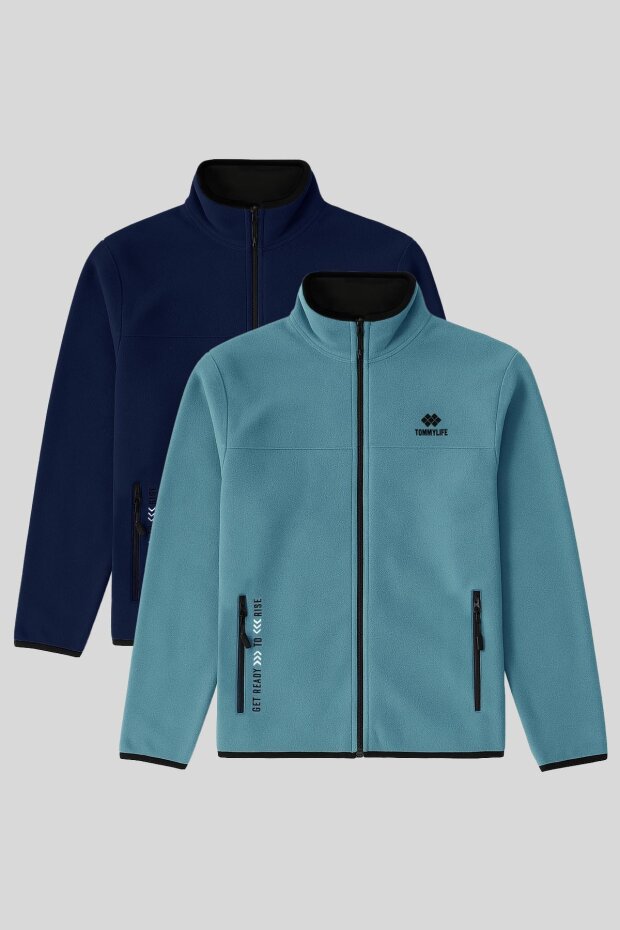 Standart Kalıp Dik Yaka 2'li Paket İndigo-Mint Yeşili Erkek Polar Sweatshirt - 87992 - 1