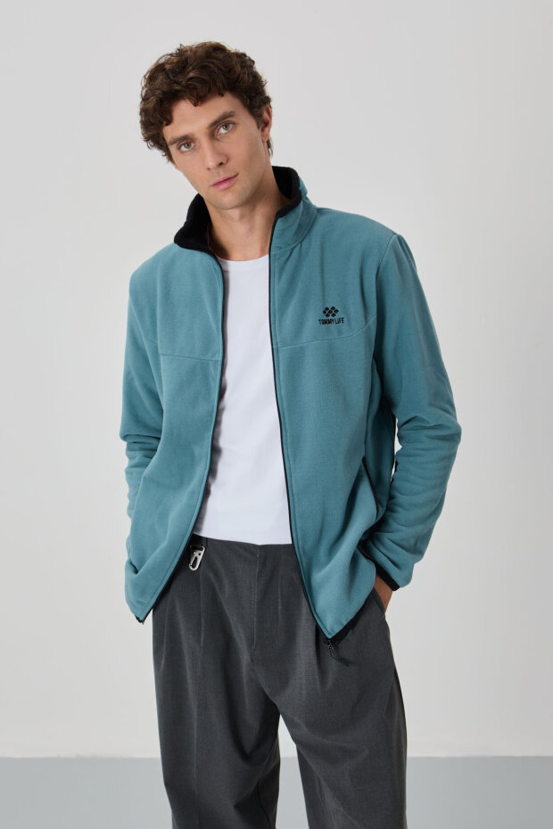 Standart Kalıp Dik Yaka 2'li Paket İndigo-Mint Yeşili Erkek Polar Sweatshirt - 87992 - 3