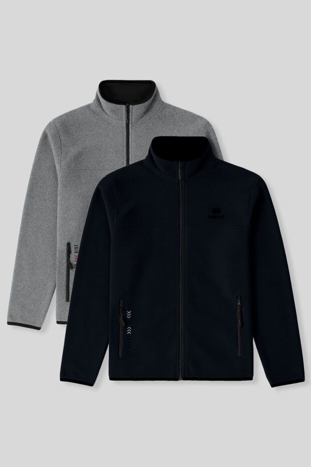 Standart Kalıp Dik Yaka 2'li Paket Lacivert-Gri Melanj Erkek Polar Sweatshirt - 87992 - 1