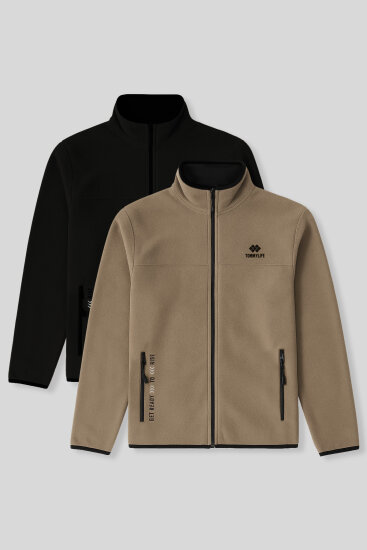 Standart Kalıp Dik Yaka 2'li Paket Siyah-Camel Erkek Polar Sweatshirt - 87992 