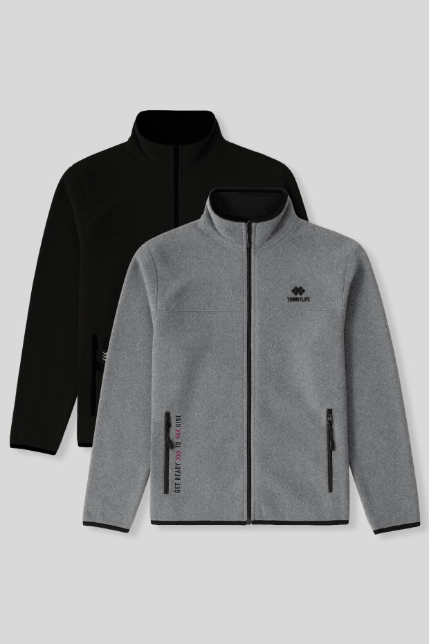 Standart Kalıp Dik Yaka 2'li Paket Siyah-Gri Melanj Erkek Polar Sweatshirt - 87992 - 1