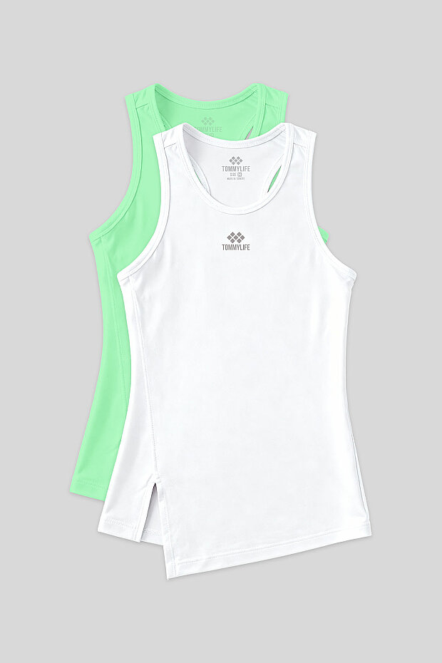 Standart Kalıp O Yaka 2'li Paket Beyaz-Neon Yeşil Kadın Spor Atlet - 97256 - 1