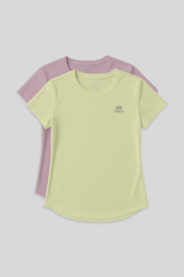 Standart Kalıp O Yaka 2'li Paket Gül Kurusu-Limon Kadın T-Shirt - 97144 - 1