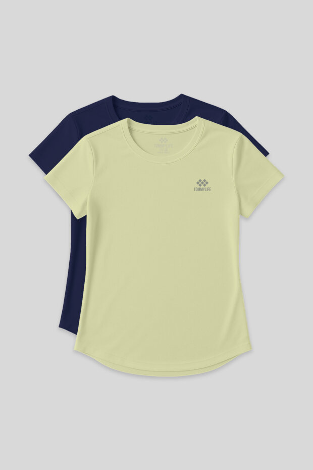 Standart Kalıp O Yaka 2'li Paket İndigo-Limon Kadın T-Shirt - 97144 - 1