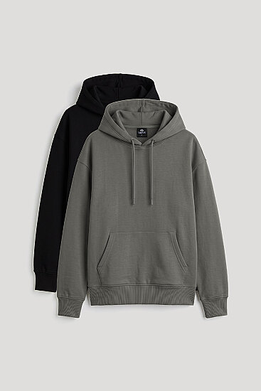 Standart Kapüşonlu 2'li Paket Siyah-Haki Kadın Sweatshirt - 97321 