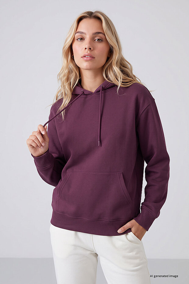 Standart Kapüşonlu 3'lü Paket Siyah-Ekru-Soft Vişne Kadın Sweatshirt - 97321 - 4