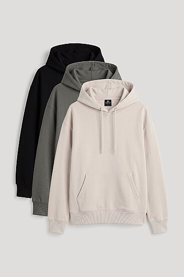 Standart Kapüşonlu 3'lü Paket Siyah-Haki-Bej Kadın Sweatshirt - 97321 