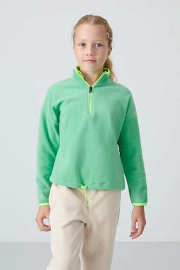 Su Yeşil Kalın Yumuşak Dokulu Standart Fit Nakışlı Polar Kız Çocuk Sweatshirt - 75151 